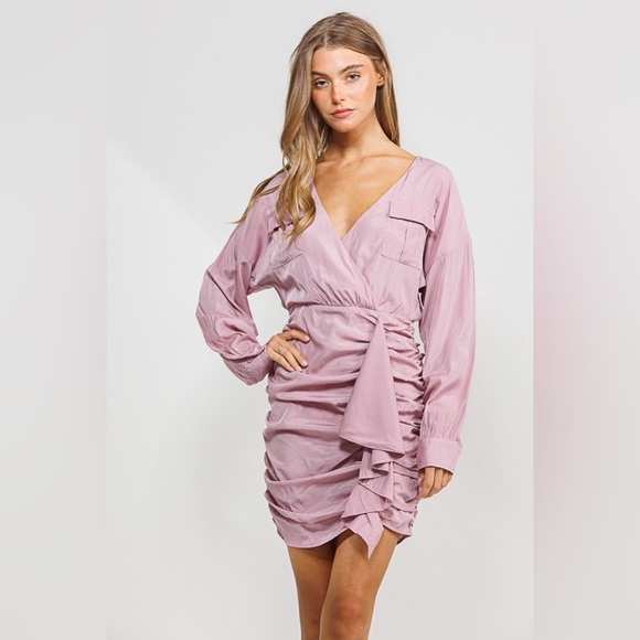 Tencel Deep V Neck Ruched Dress with Ruffle - Picture 2 of 3